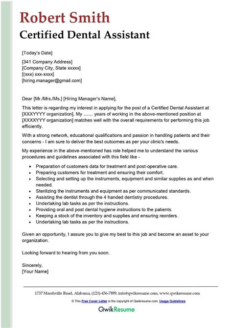 Certified Dental Assistant Cover Letter Examples Qwikresume
