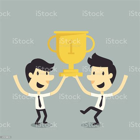 Cartoon Of Two Businessmen Holding A Gold Trophy Stock Illustration