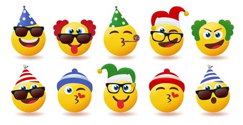 Emoji Birthday Character Vector Set Emoticons Party Emojis Wearing