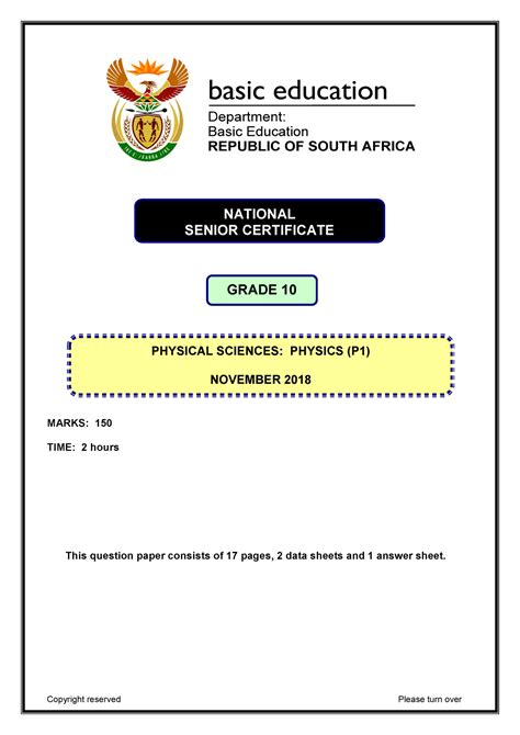 Physical Sciences P1 Grade 10 Nov 2018 Eng Marks 150 Time 2 Hours