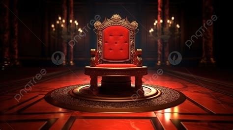레드 카펫 입구가 있는 받침대에 있는 왕의 붉은 의자의 왕 3d 렌더링에 맞는 고급스러운 왕좌 왕좌 의자 왕 의자 왕좌