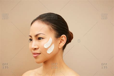 Woman With White Marks On Cheek Stock Photo Offset
