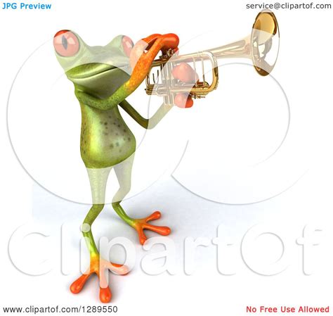 Animal Clipart Of A 3d Green Springer Frog Musician Playing A Trumpet