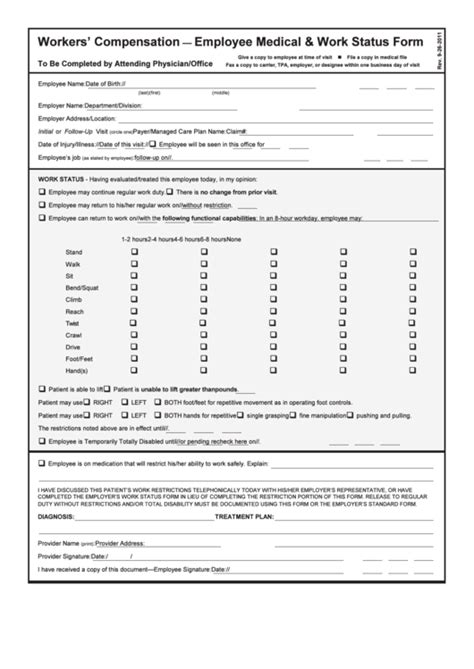 fillable workers compensation employee medical work status form