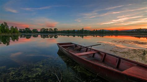 Lake Boat Sunset Eclipse Reflection Beautiful Hd Wallpaper