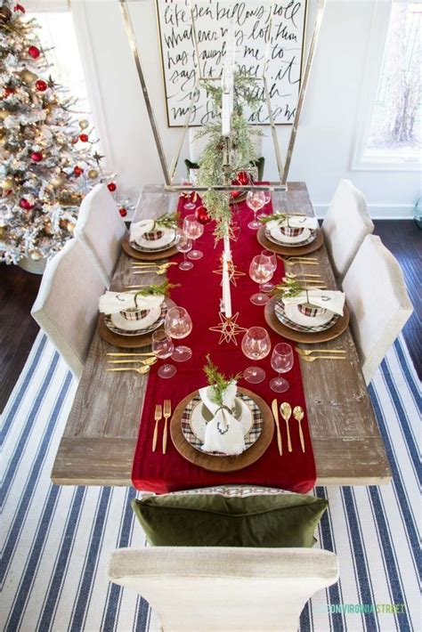 Bright Red Table Runner Christmas Tablescape Idea Via