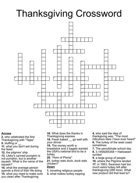 Turkey Crossword Puzzle Printable