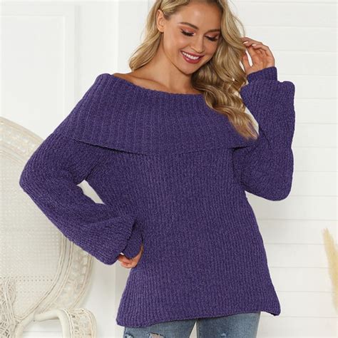 Purple Sweater Women Boat Neck Sweater Loose Fashion Knitwear Pullover