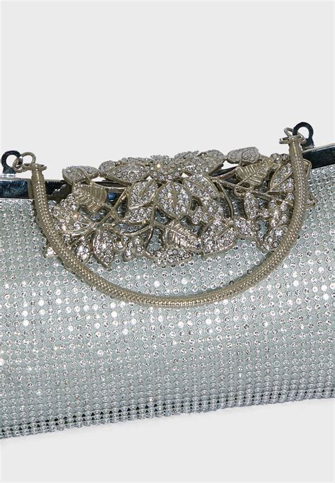 Buy Khizana Silver Diamante Evening Clutch Bag With Leaf Detail For