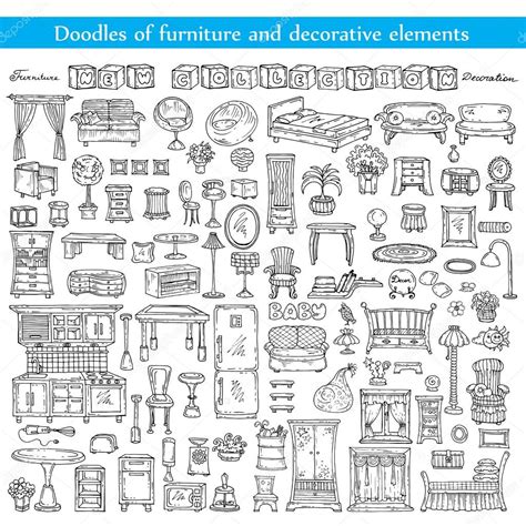 Vector Set With Doodles Of Furniture And Decorative Elements ⬇ Vector