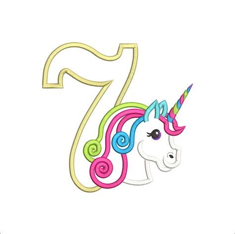 Cute Unicorn Head Number 7 Birthday Appliqué Design 7th Etsy