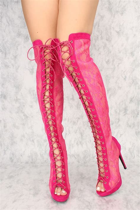 Hot Pink Embroider Lace Front Lace Up Platform Pump Knee High Ami