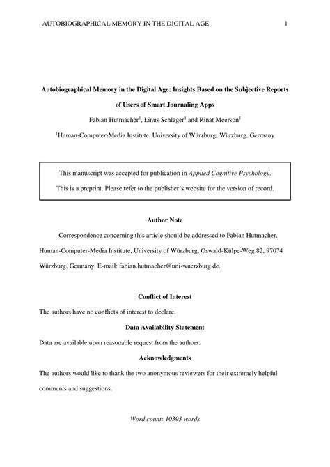 Pdf Autobiographical Memory In The Digital Age Insights Based On The