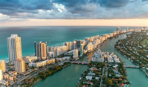 Wonderful Skyline Of Miami At Sunset Aerial View Stock Photo Image