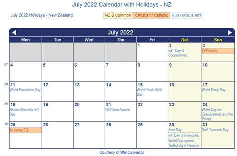 Print Friendly July 2022 New Zealand Calendar For Printing