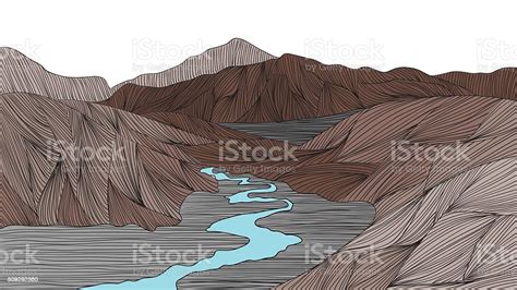 Mountain And River Landscape Outline Hand Draw Stock Illustration