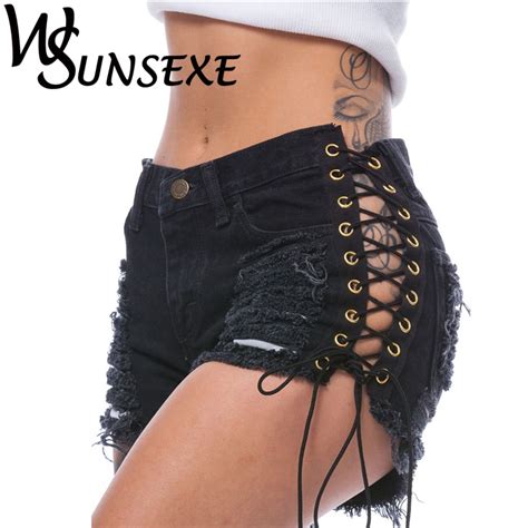 Wsunsexe Summer Hole Denim Jeans Shorts 2017 Women Sexy Lace Up Strapped Hollow Out Ripped