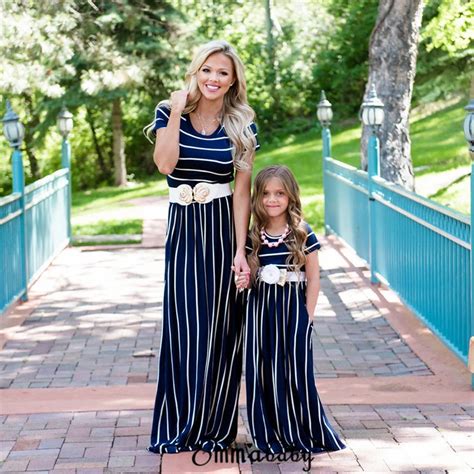 Mother And Daughter Short Sleeve Striped Long Maxi Dress Matching Women