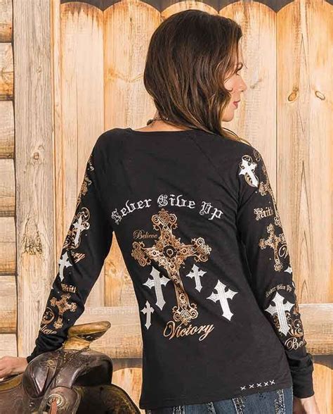 Cowgirl Tuff Black And Copper Victory Raglan Sleeve Henley Never Give Up Fall Casual Clothing