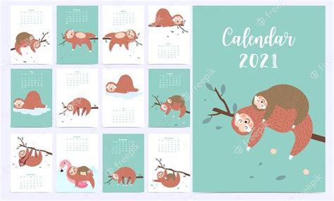 Premium Vector Cute Animal Calendar 2021 With Sloth