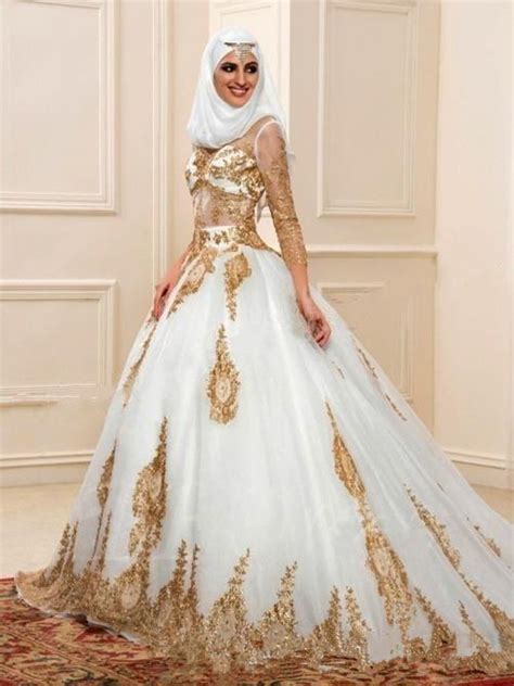 Newest White And Gold Muslim Wedding Dresses 34 Long Sleeve Ball Gown Sheer Indian Styles