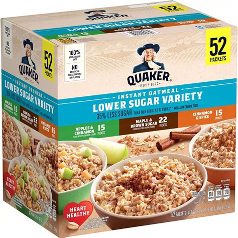 Quaker Lower Sugar Instant Oatmeal, Variety Pack 52 Pack ...