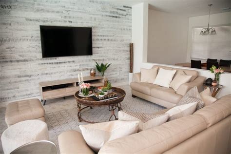 Creating a beautiful, livable space can seem like a big project, but it doesn't have to cost a fortune. Transitional Living Room - Stikwood Accent Wall - Sunflowers and Stilettos