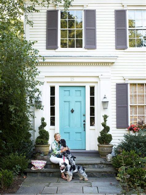 Combination shutters merge the louvered and raised panel styles, separated with a divider rail. Exterior Doors and Landscaping | Turquoise, Blue doors and ...
