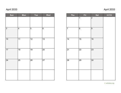 April 2033 Calendar On Two Pages