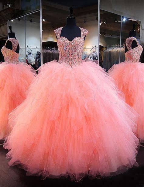 Ball Gown Sweetheart Corset Coral Tulle Ruffle Puffy Quinceanera Prom Dress