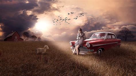 Hd Wallpaper Girl Vintage Car Sad Meadow Lamb Landscape