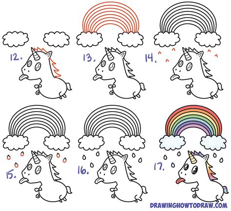 Learn How To Draw A Cute Chibi Kawaii Unicorn With Tongue Out Under Rainbow Simple Steps