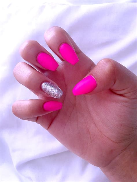 Hot Pink Nails With Glitter Ring Finger Matte Hotpink Hot Pink