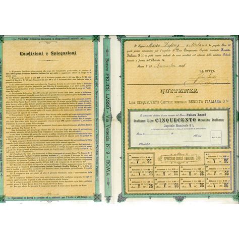 Cisl banca d'italia, roma (rome, italy). 1889 - RENDITA ITALIANA CAPITALE NOMINALE 3% - DEBITO ...