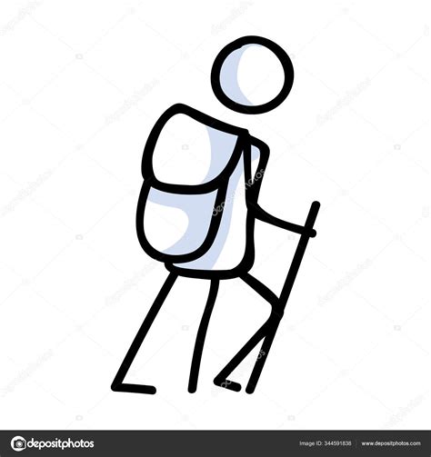 Hiking Stick Figure Line Art Icon Carrying Backpack Track Pole Stock