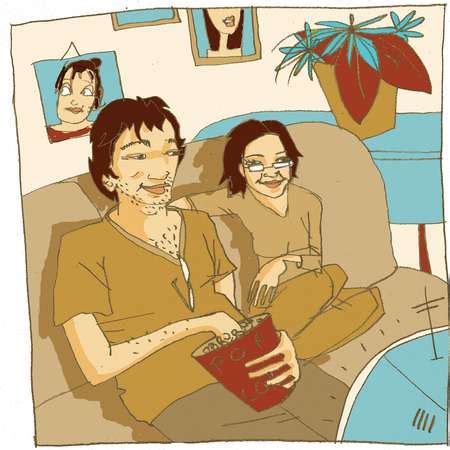 Stock Illustration Couple Sitting On Couch Eating Popcorn And
