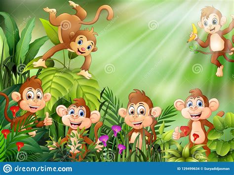 Nature Scene With Group Of Monkey Cartoon Stock Vector Illustration