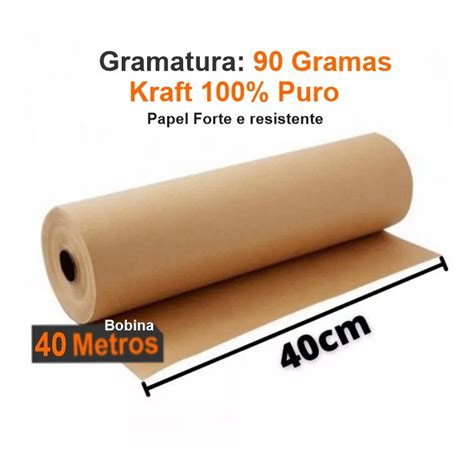 Papel Kraft Puro Natural Pardo Bobina 40cm X 40 Mts Gramatura 90gm2