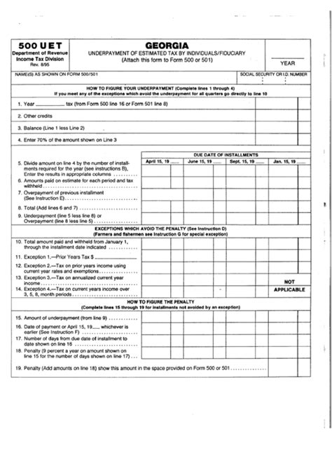 Fillable Form 500uet Georgia Underpayment Of Estimated Tax By