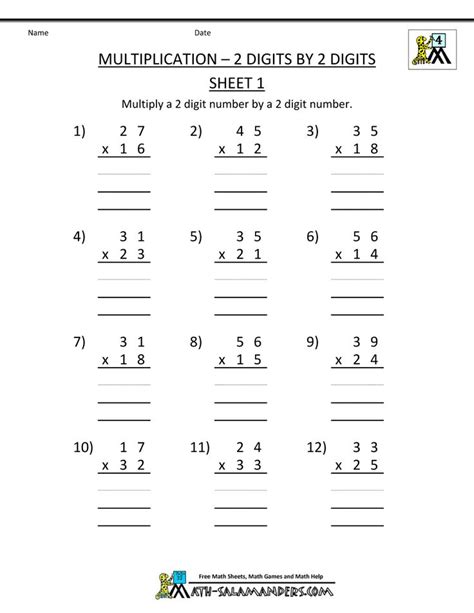 4th Grade Math Worksheets Multiplication 2 Digits By 2 Digits 1 10