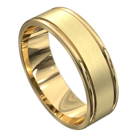 Add the warmth of gold to her life by choosing an engagement ring from our beautiful designer collection. Stunning Yellow Gold Brushed and Polished Mens Wedding Ring