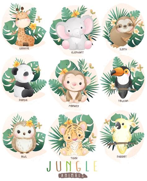 Cute Jungle Animals Clipart With Watercolor Illustration Etsy
