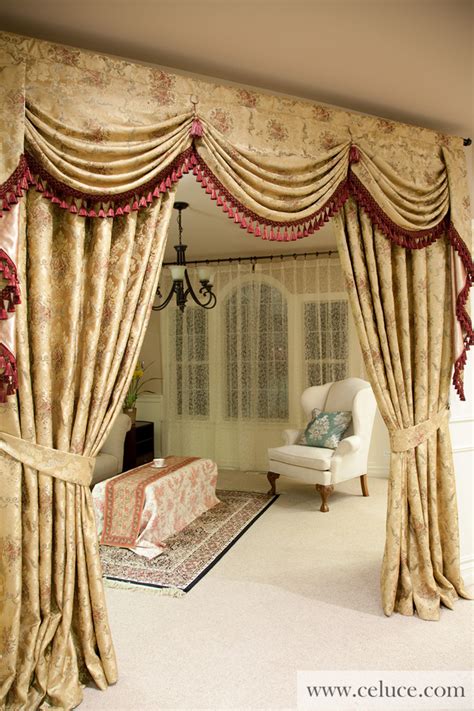 Hang a curtain rod across the top of your window if one is not already in place. Austrian swag valances curtain drapes Versailles Rose