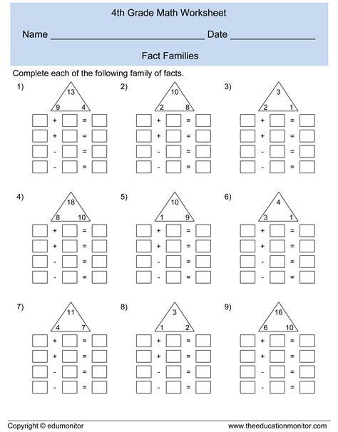 4th grade fact families math worksheets