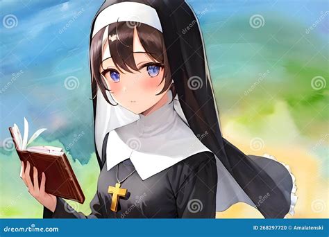 Cute And Shy Anime Manga Girl Dressed In A Nun Outfit Generative Ai Stock Illustration