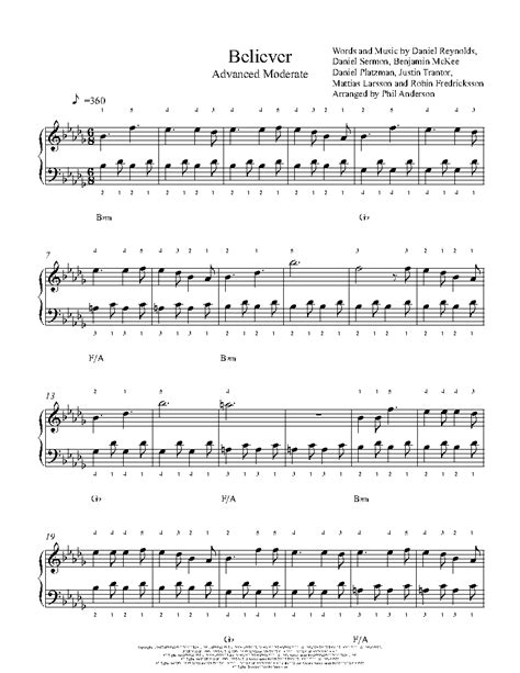 Believer By Imagine Dragons Piano Sheet Music Advanced Level