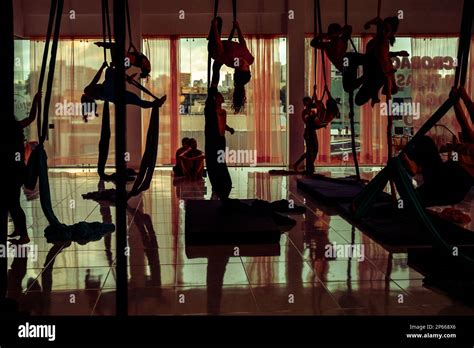 Colombian Aerial Dancers Perform On Aerial Silks During A Training Session In The Oshana Gym In