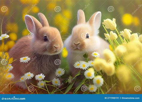 Little Rabbits On Green Grass In Summer Day Stock Illustration