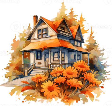 Watercolor House Fall Autumn Clipart Illustration Created With