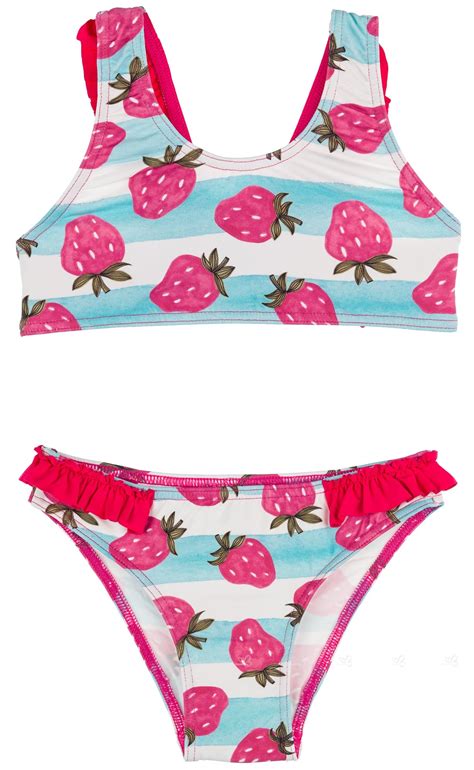 Maricruz Moda Infantil Bikini Niña Rayas Celeste And Fresas Con Volantes